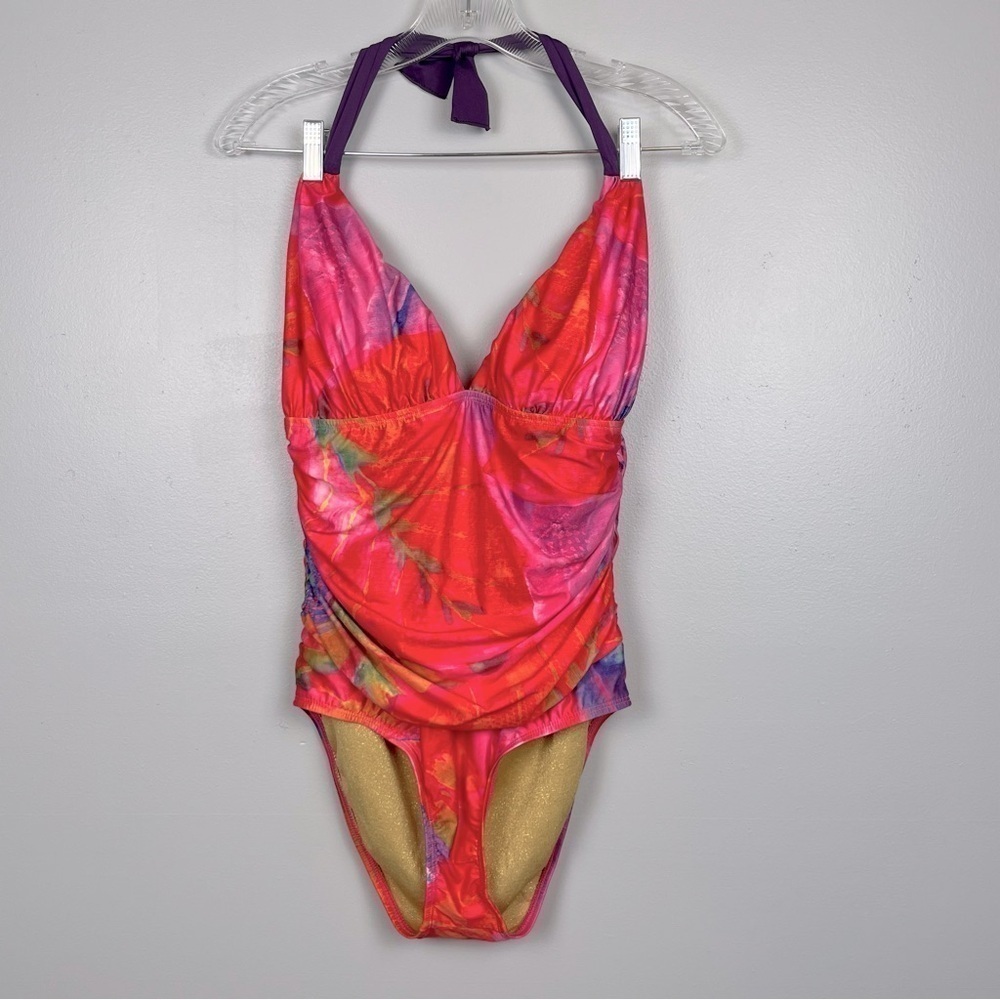 Athena 1 piece halter tie neck ruched detail swimsuit, size 10.